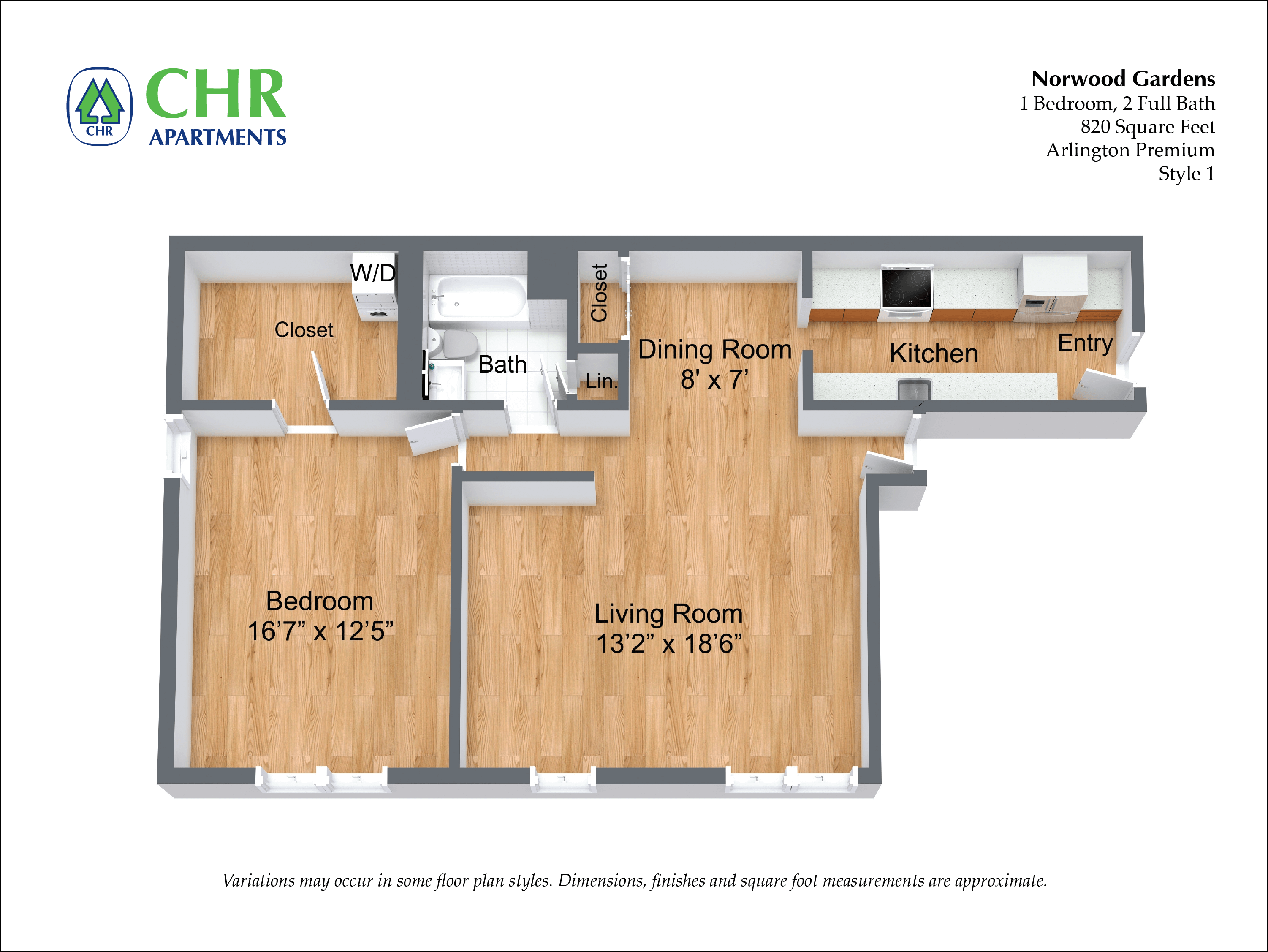 Floor plan for 1 bed, 1 bath, 850 sqft